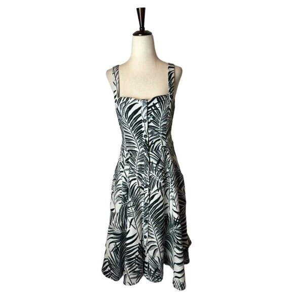 Hutch Aidy Dress Womens 10 Black Ivory Palm Print Button Front Knee Length - Picture 2 of 15